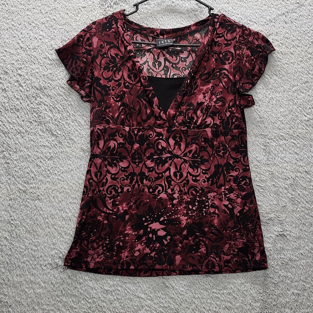 JKLA California Women's Purple Floral Stretch Blouse Short Sleeve